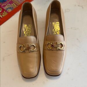 Salvatore Ferragamo Beige Leather Loafers with Gold Accent